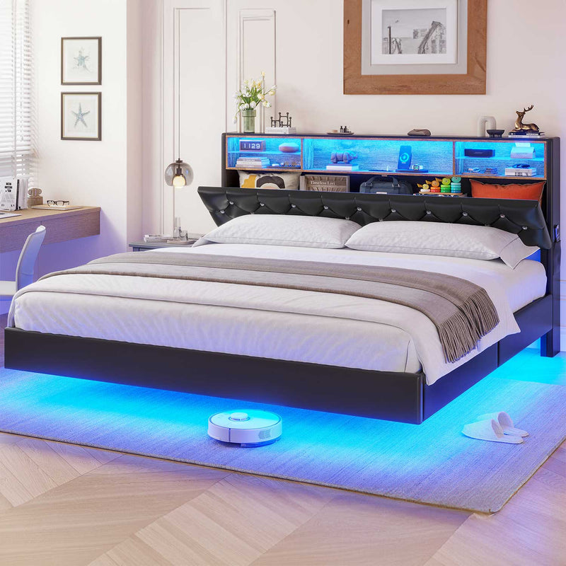 Sikaic Bed Frame Faux Leather Upholstered King Size Platform Floating Bed Frame with Storage Headboard and RGB LED Lights Charging Station Black