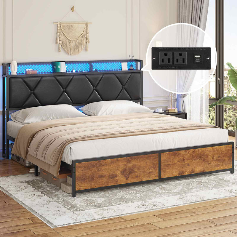 Sikaic Bed Frame Metal Platform Bed Frame with LED Lights and Charging Station No Box Spring Needed Black Black / Queen Size / Engineered Wood