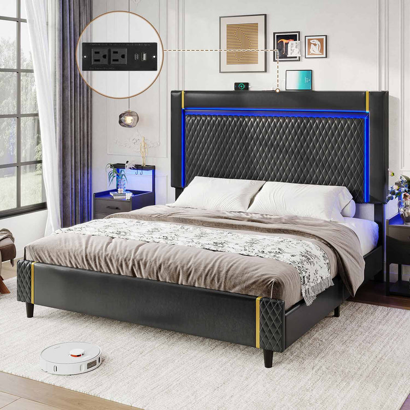 Sikaic Bed Frame LED Upholstered Bed Frame with Charging Station Adjustable Headboard Black