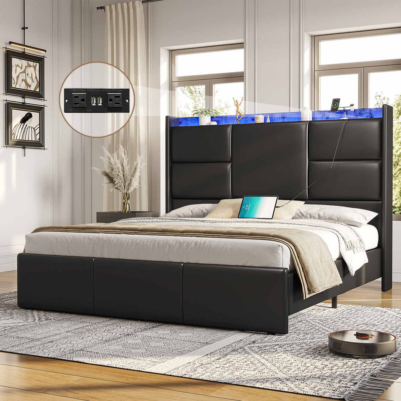 Sikaic Bed Frame Platform Led Bed Frame with Charging Station Tall Stroage Headboard Black