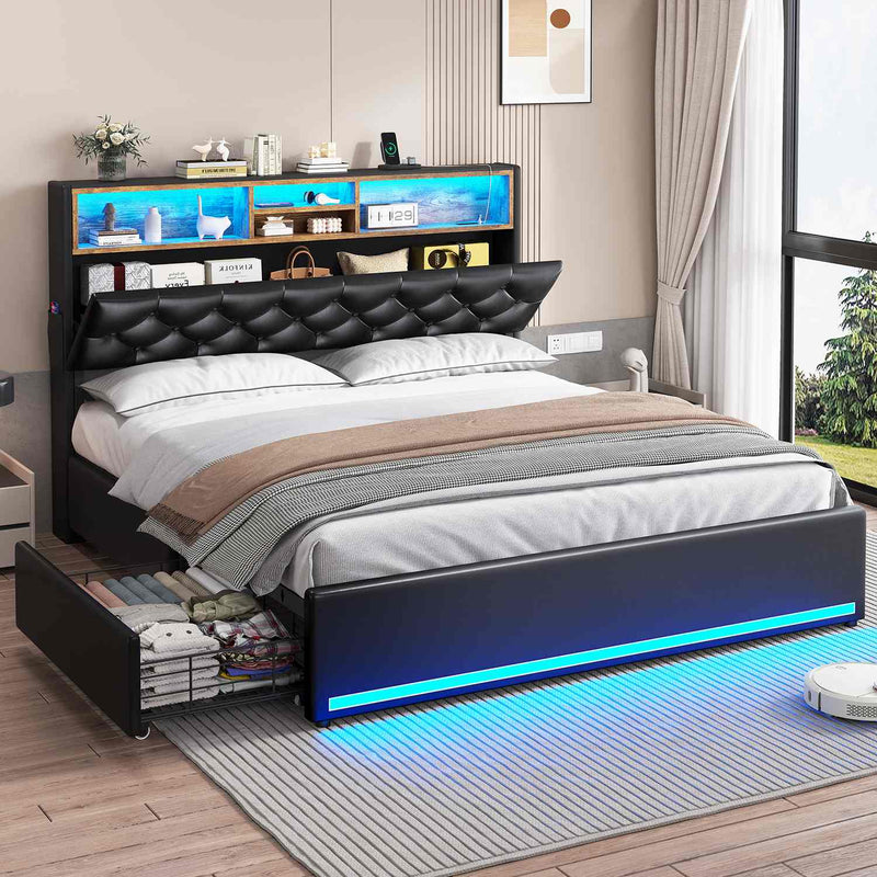 Sikaic Bed Frame Upholstered Platform Bed Frame with LED Lights & Charging Station Hidden Storage Headboard and 4 Drawers PU Black