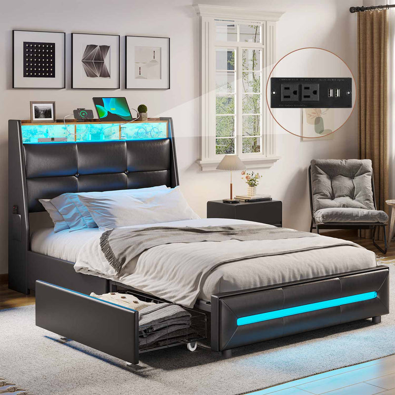 Sikaic Bed Frame Twin Size 4 Storage Drawers LED Bed Frame with Charging Station Black