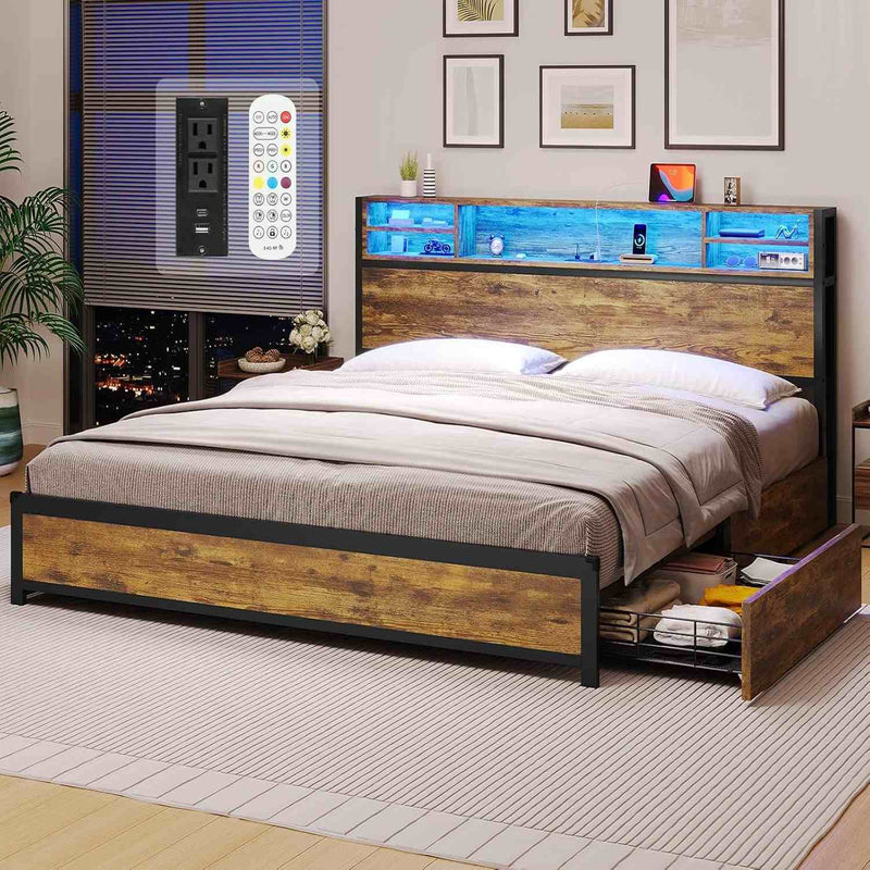 Sikaic Bed Frame King Size Metal Platform LED Bed Frame with 4 Storage Drawers and Charging Station Brown Brown / Engineered Wood / Modern