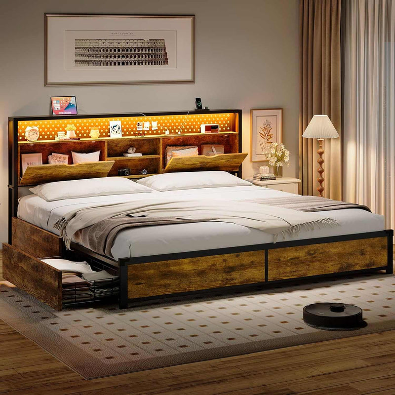 Sikaic Bed Frame LED King Size Bed Frame with Storage Drawers & Headboard and Charging Station Brown Brown / Engineered Wood / Modern