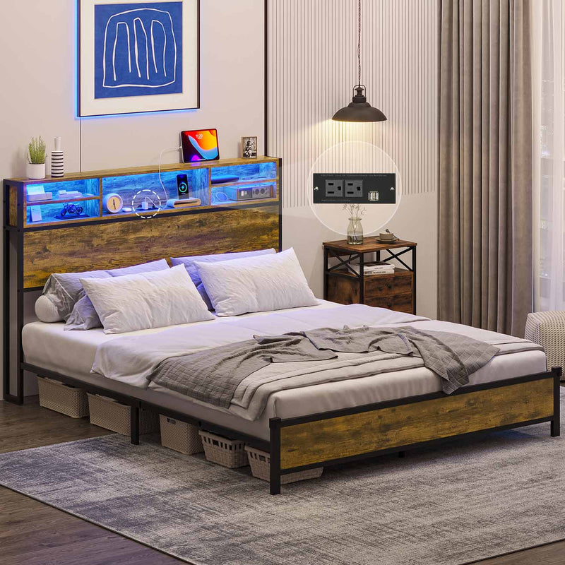 Sikaic Bed Frame Metal Platform LED Bed Frame with Outlets and USB Ports No Box Spring Needed Brown