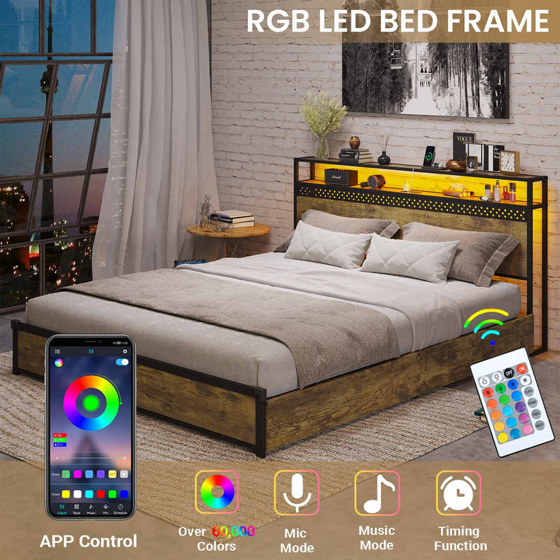Faux Leather LED Bed Frame with Power Outlets & USB Ports Storage