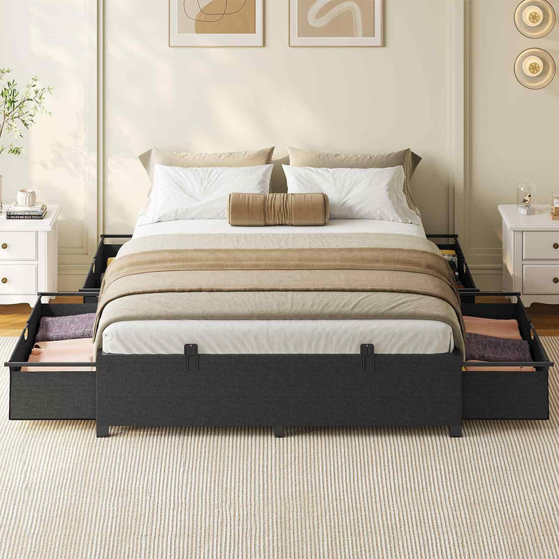 Sikaic Bed Frame Metal Platform Bed Frame with 4 Large Storage Drawers No Box Spring Needed Dark Grey & Black Dark Grey & Black / Full Bed with 4 Drawers / Metal