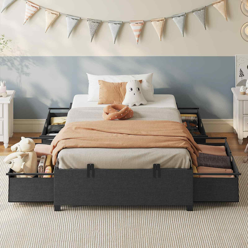 Sikaic Bed Frame Twin Size Metal Platform Bed Frame with 4 Large Storage Drawers No Box Spring Needed Dark Grey & Black Dark Grey & Black / Metal / Modern