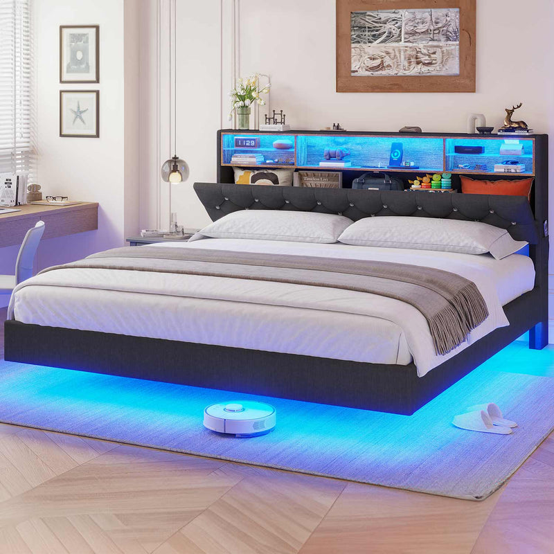 Sikaic Bed Frame Linen Upholstered Platform Floating Bed Frame with Storage Headboard and RGB LED Lights Charging Station Dark Grey