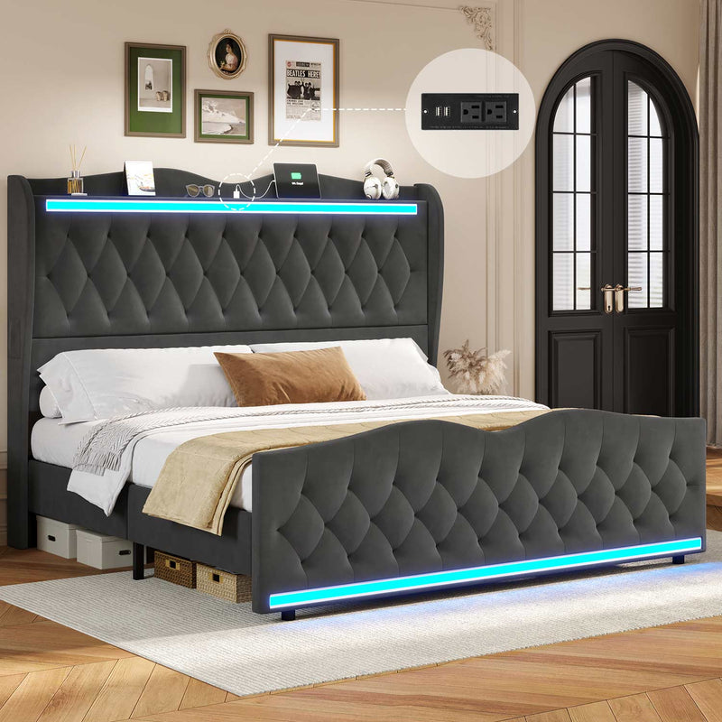 Sikaic Bed Frame King Size Velvet Upholstered Bed Frame with LED Light and Charging Station & High Headboard Storage Dark Grey