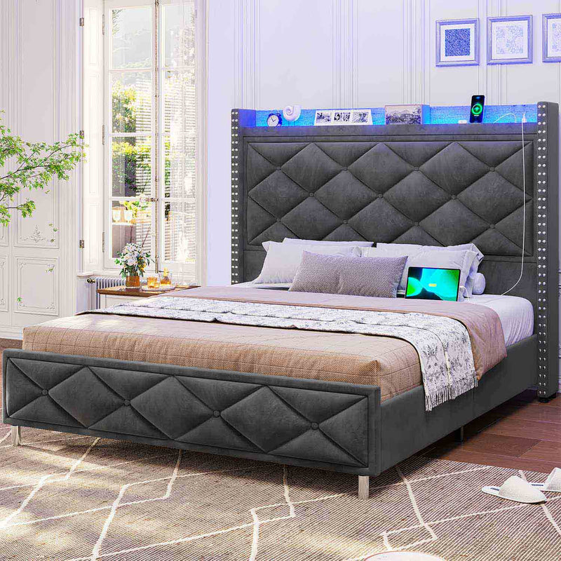 Sikaic Bed Frame Upholstered Platform Led Bed Frame with Tall Button Tufted Headboard and Charging Station Dark Gray Dark Grey / Queen Size / Engineered Wood