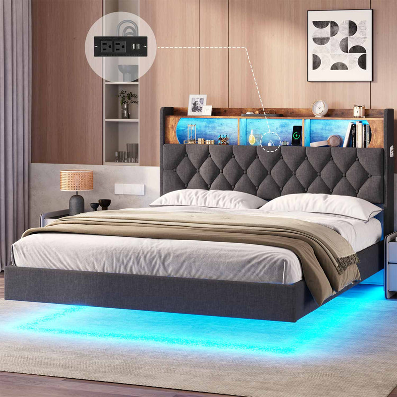 Sikaic Bed Frame LED Floating Bed Frame With Storage Headboard & Charging Station Dark Grey