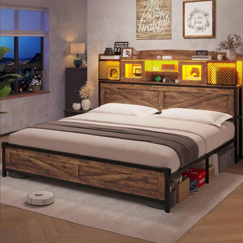 Sikaic Bed Frame LED Bed Frame with Storage Headboard & Charging Outlets Sliding Door Vintage Brown