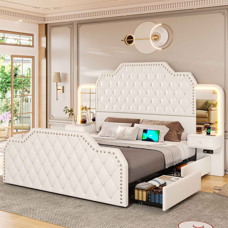 Sikaic Bed Frame PU Leather Upholstered Led Bed Frame with Storage Drawers Outlets & Nightstands White