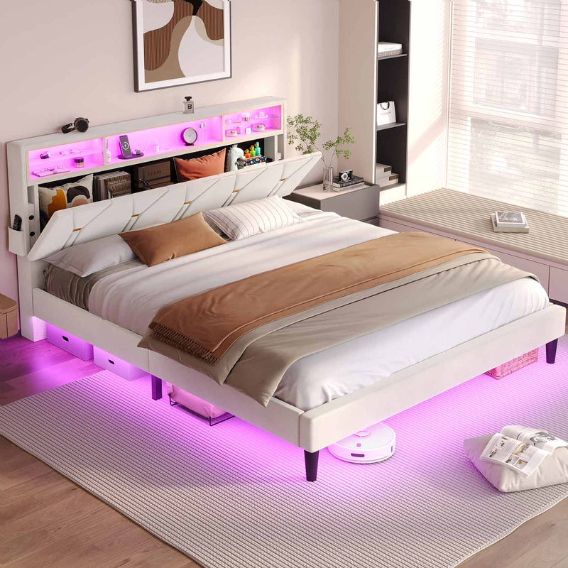 Sikaic Bed Frame Faux Leather LED Bed Frame with Outlets and Storage Headboard White