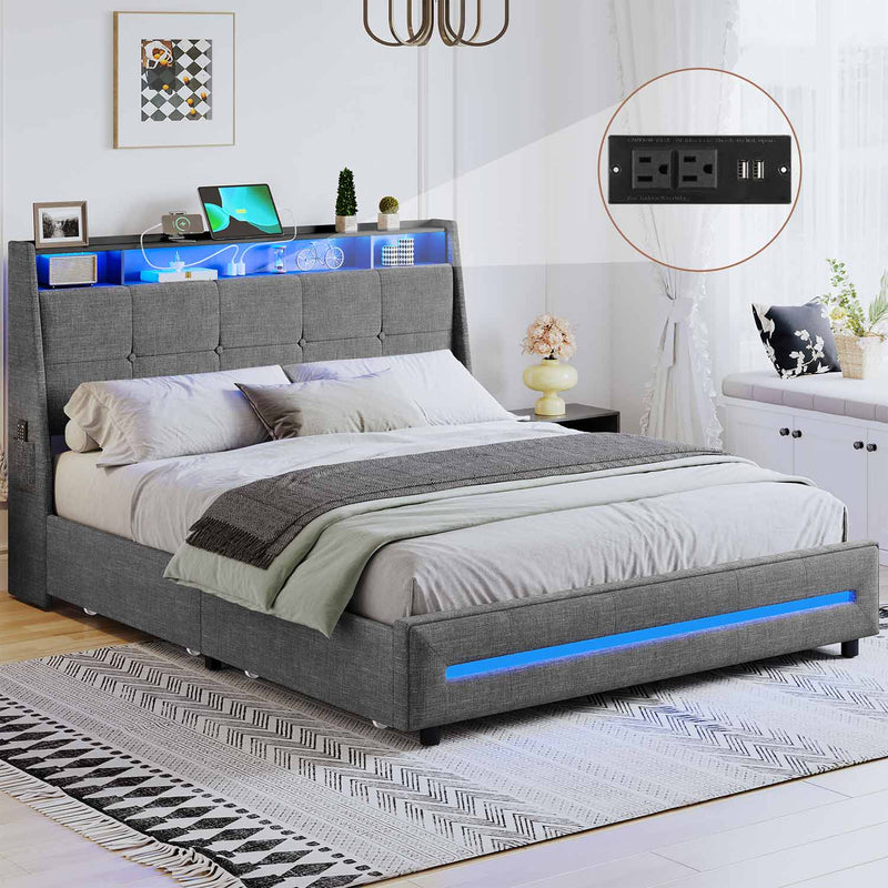 Sikaic Bed Frame Upholstered Linen LED Bed Frame with Button Tufted Wingback Headboard and Charging Station & 4 Storage Drawers Grey