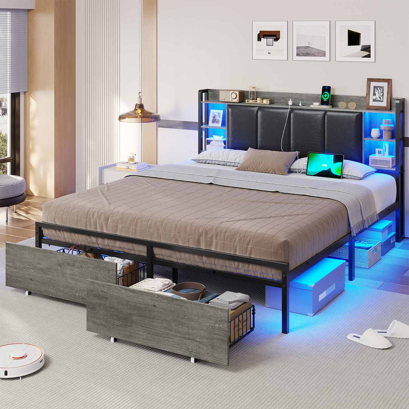 Sikaic Bed Frame Bed Frame with Upholstered Storage Headboard and LED Lights Charging Station & Drawers Grey and Black