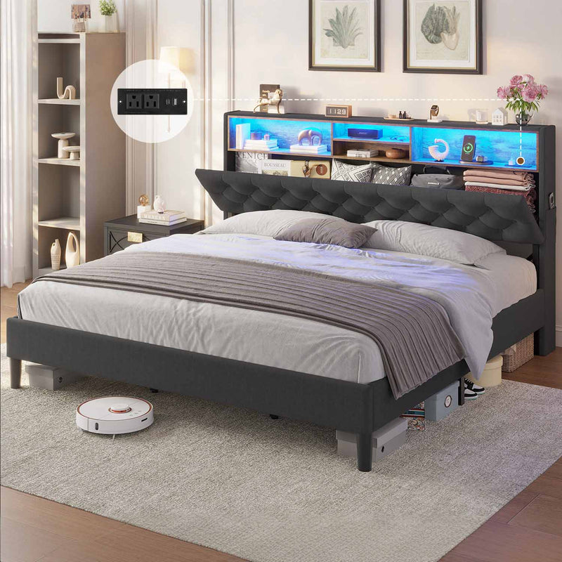 Sikaic Bed Frame King Size Linen Fabric LED Bed Frame with Charging Stations Storages Dark Grey