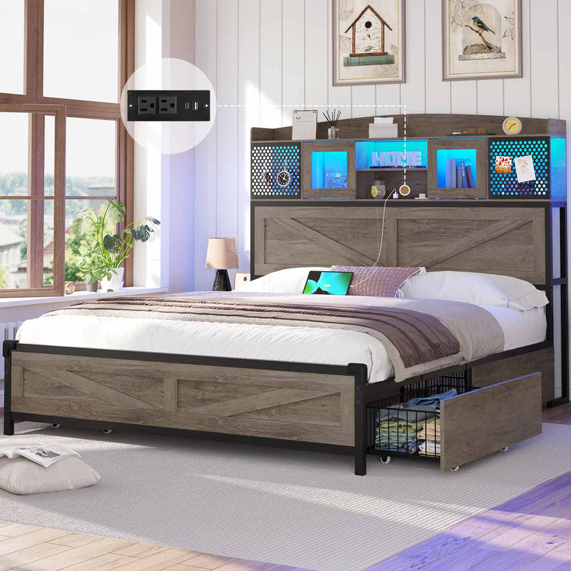 Sikaic Bed Frame LED Farmhouse Platform Bed Frame with Charging Station 4 Drawers & Storage Headboard Sliding Barn Door Grey