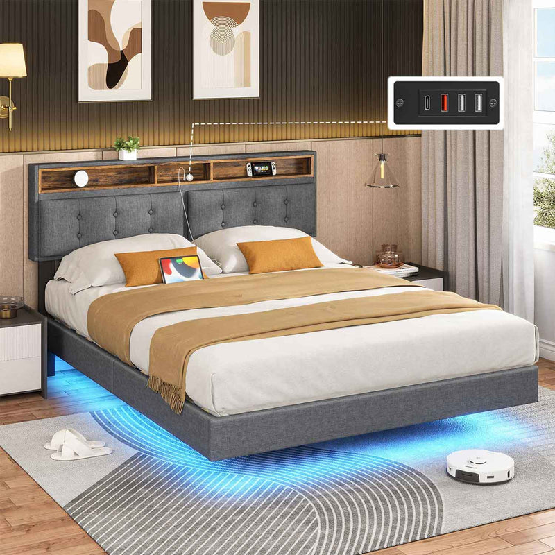 Sikaic Bed Frame Visual Floating Platform Led Bed Frame with Charging Station and Linen Storage Headboard No Box Spring Needed Grey Grey / Queen / Linen