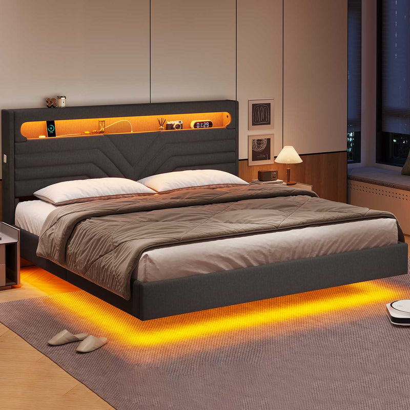 Sikaic Bed Frame LED Floating Bed Frame with Charging Station Hidden Storage Dark Grey
