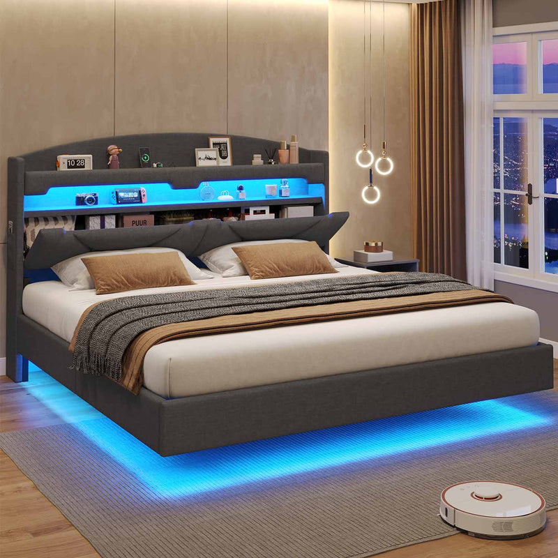 Sikaic Bed Frame LED Floating Bed Frame with Charging Station Hidden Storage Dark Grey