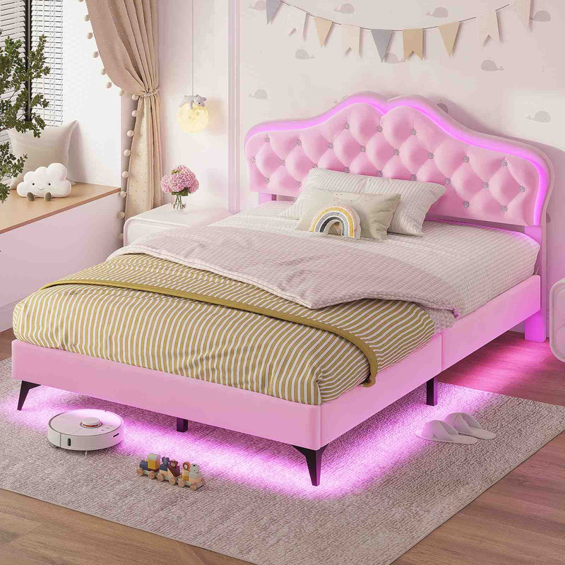 Sikaic Bed Frame Velvet Princess Platform RGB LED Bed Frame with Storage Drawers and Adjustable Crystal Button Headboard Creamy Pink Pink / Full Size