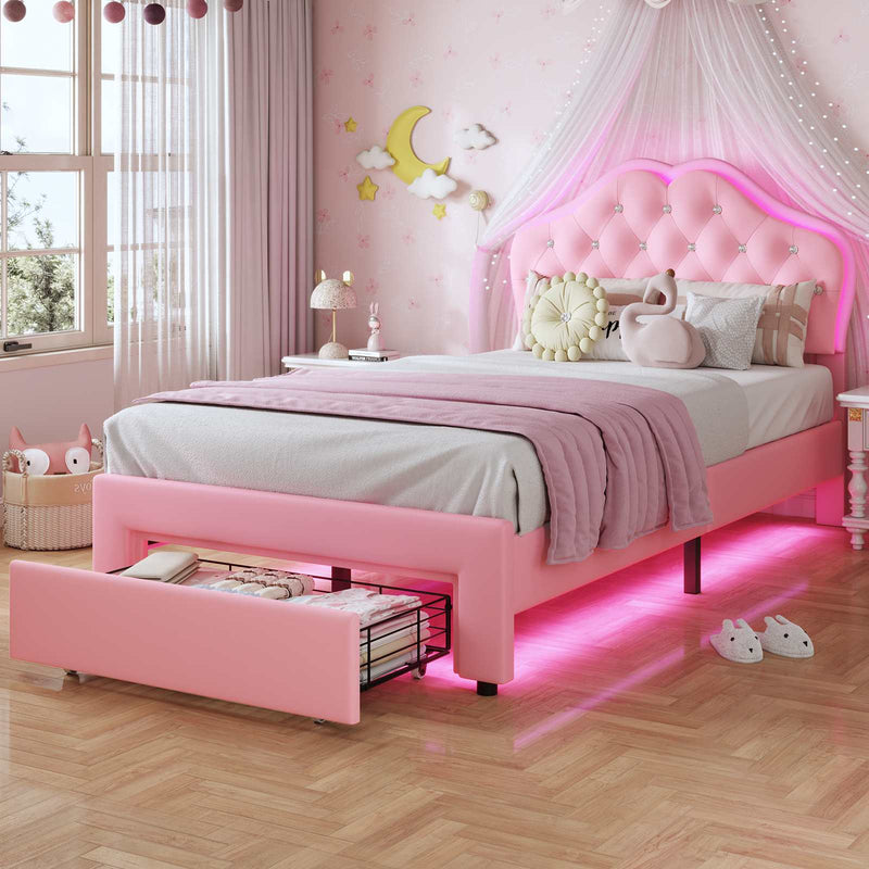 Sikaic Bed Frame Twin Size Velvet Princess Platform RGB LED Bed with Storage Drawers and Adjustable Crystal Button Headboard Pink Pink / Twin Size / Engineered Wood