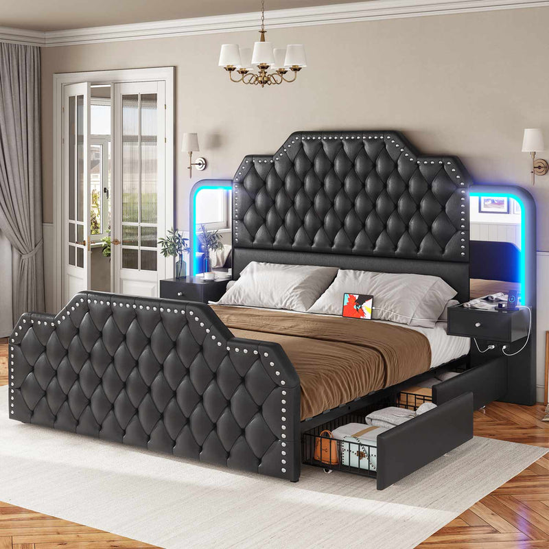 Sikaic Bed Frame PU Leather Upholstered Led Bed Frame with Storage Drawers Outlets & Nightstands Black