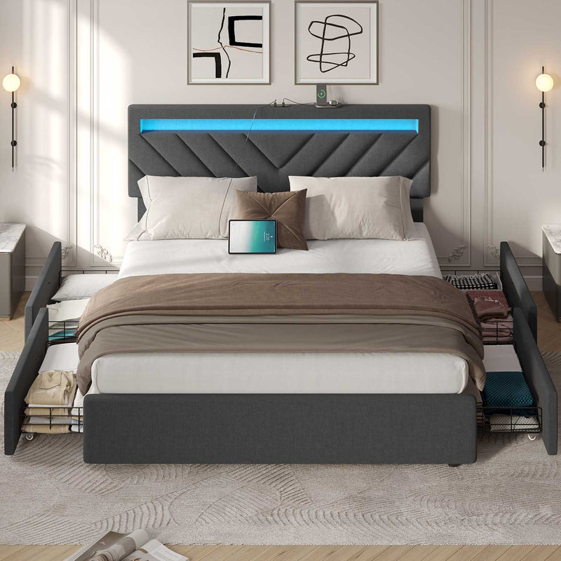 Sikaic Bed Frame Upholstered Platform LED Bed Frame with Charging Station Drawers Dark Grey