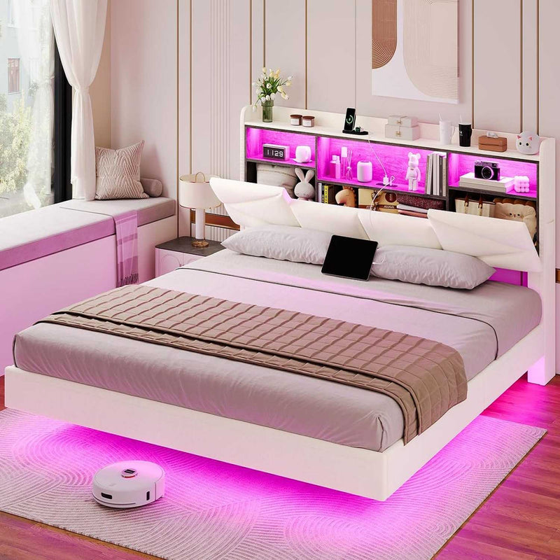 Sikaic Bed Frame King Size Floating LED Bed Frame with Storage Headboard and Power Outlet No Box Spring Needed Velvet White White / King / Velvet