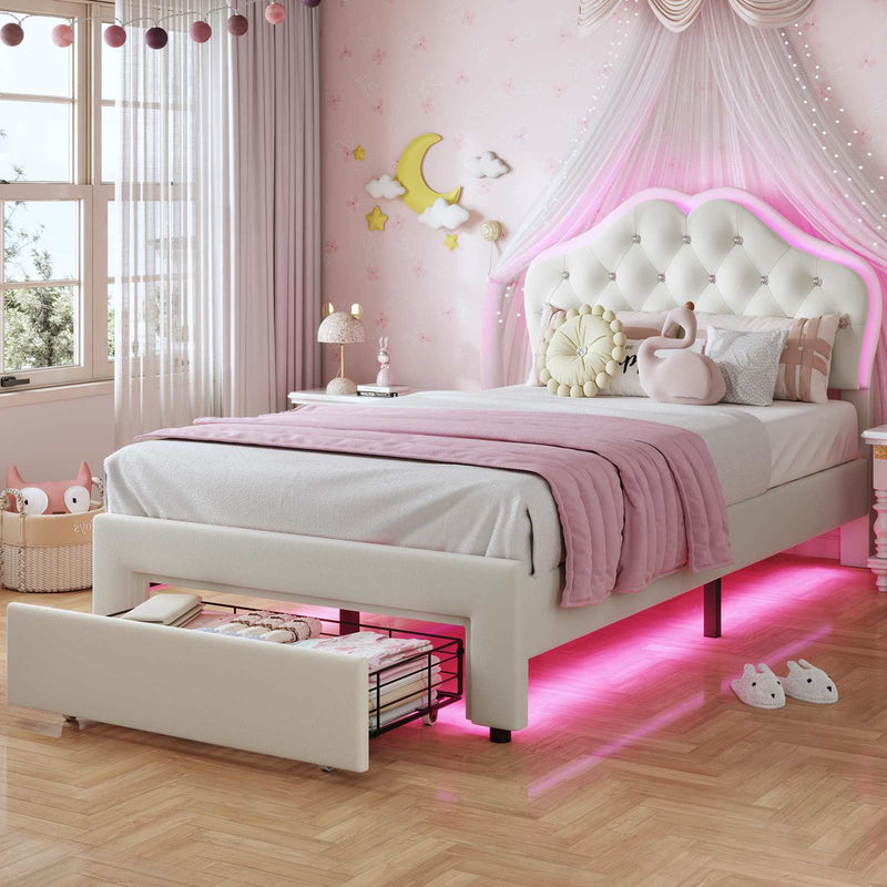 Sikaic Bed Frame Twin Size Velvet Princess Platform RGB LED Bed with Storage Drawers and Adjustable Crystal Button Headboard Creamy White White / Twin Size / Engineered Wood