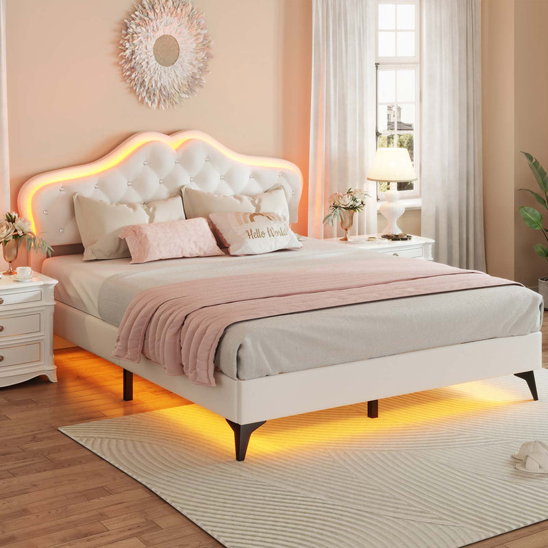 Sikaic Bed Frame Princess Velvet Upholstered Platform Bed Frame with Adjustable Crystal Button Headboard and RGB LED Lights Creamy White