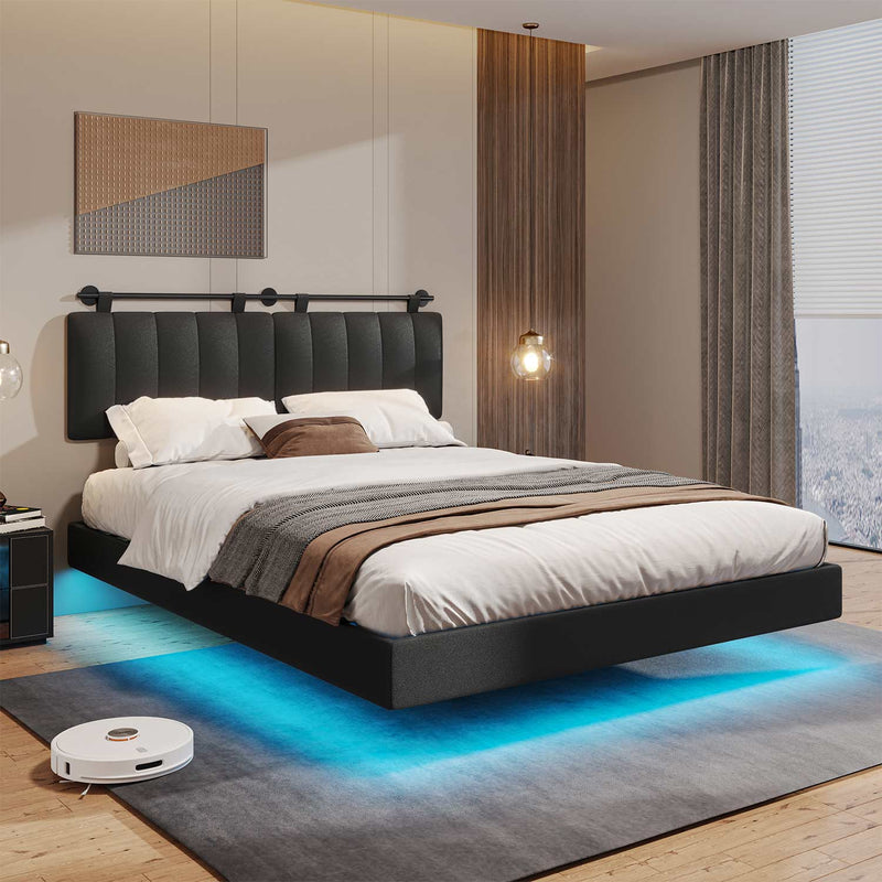 Sikaic Beds & Bed Frames Floating Bed Frame with Led Lights And Wall Mounted Headboard Black