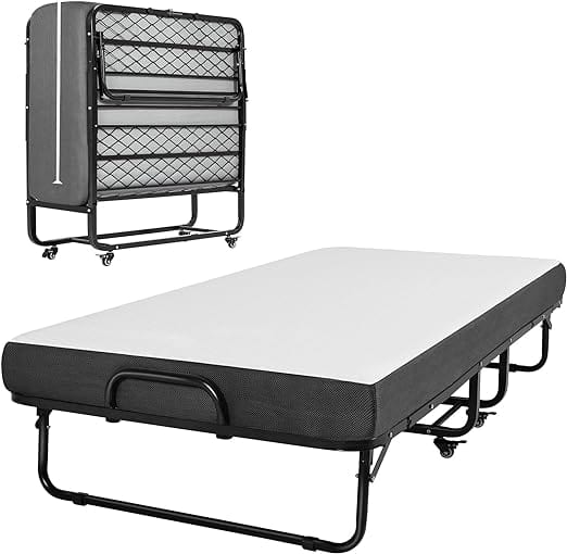 Sikaic Beds & Bed Frames Twin Size Folding Bed with Luxurious Memory Foam Mattress Metal Wheels Black