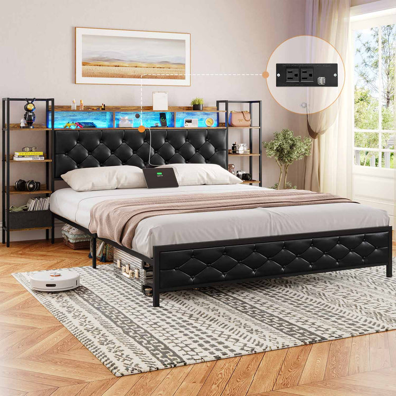 Sikaic Beds & Bed Frames Metal Upholstered Platform LED  Bed Frame with Bookcase Headboard Charging Station Black