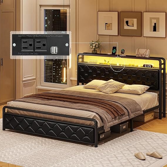 Sikaic Beds & Bed Frames Faux Leather LED Bed Frame with Power Outlets & USB Ports Storage Headboard Black