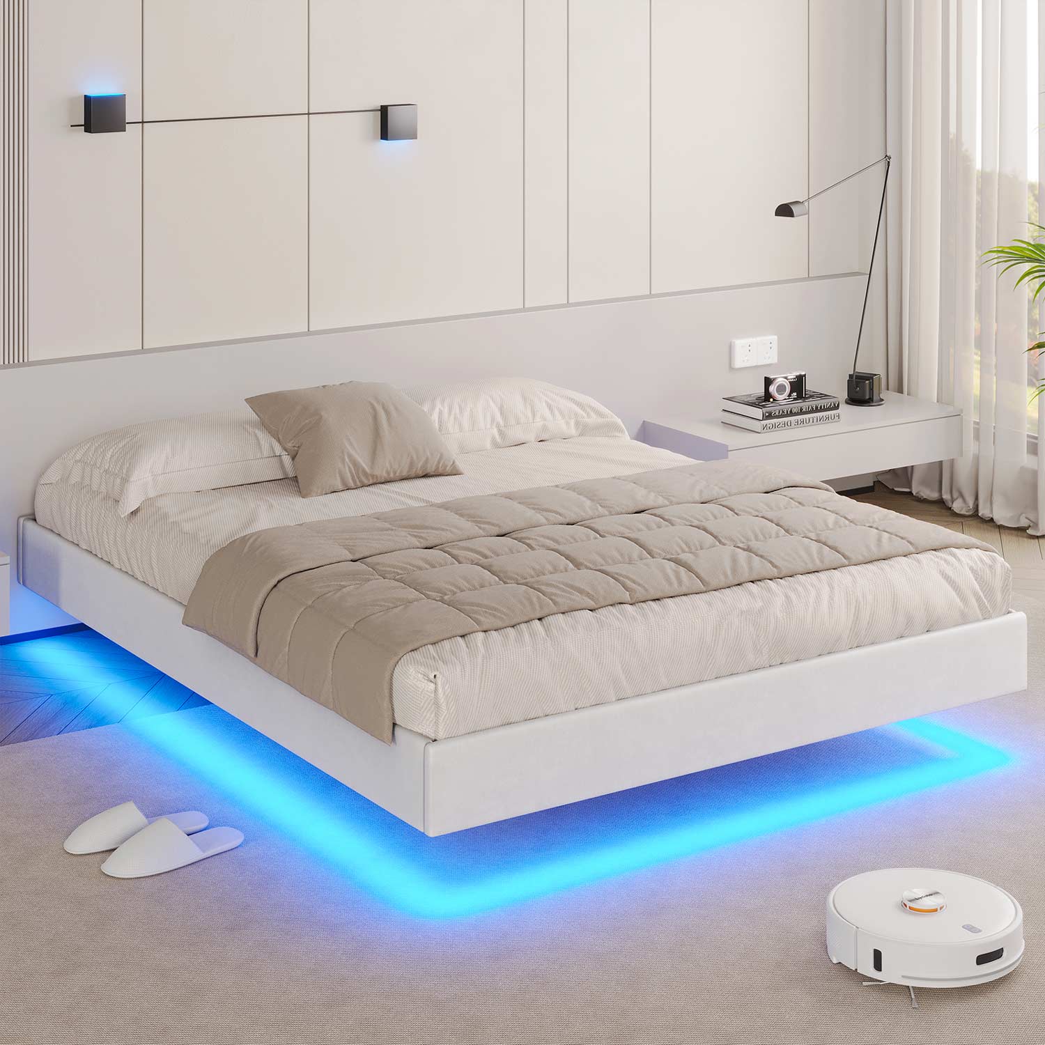 Queen Size Floating LED Upholstered Bed Frame with Low Profile Platform no  Headboard White