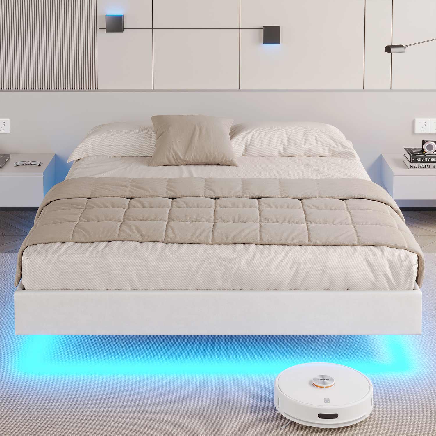 Queen Size Floating LED Upholstered Bed Frame with Low Profile Platform no  Headboard White