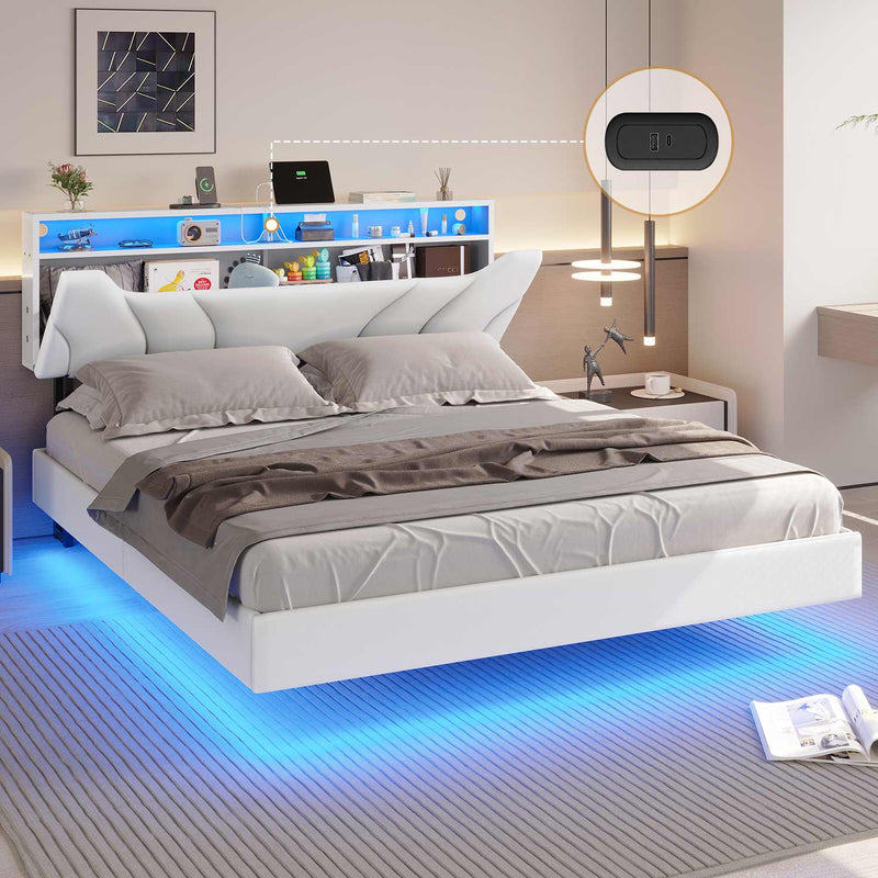 Sikaic Beds & Bed Frames Floating Upholstered Leather Platform Bed Frame with LED Lights Storage Headboard and Charging Station White