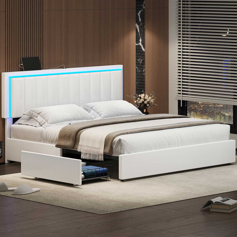 Sikaic Beds & Bed Frames LED Light King Size Platform Bed Frame with Charging Station Adjustable Headboard Storage Drawers White