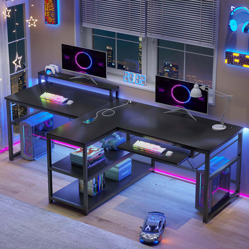 Sikaic 94.5" T Shaped 2 Person Modern Gaming Desk Computer Furniture with Storage LED Lights Black