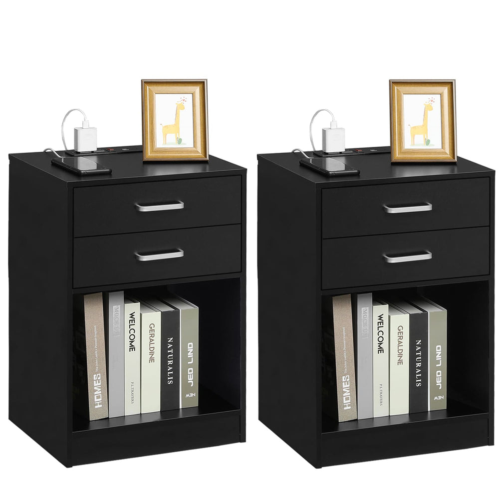 Sikaic 2Pcs Nightstand with Charging Station Drawers Bedside Table Black