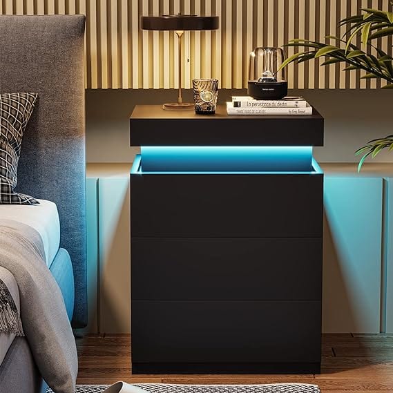 Sikaic Nightstand with Sliding Top Charging Station and LED Lights Black