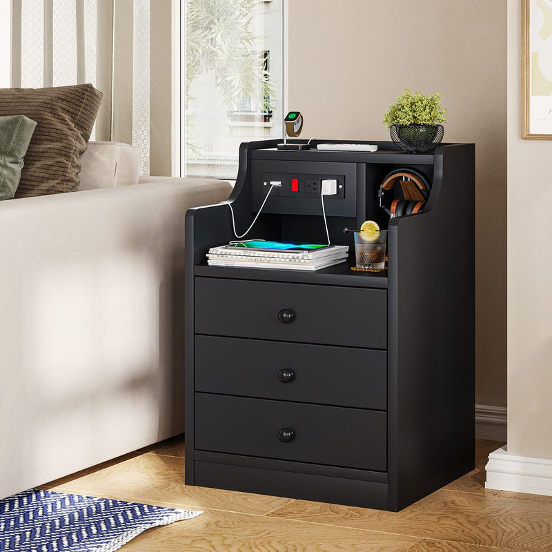 Sikaic Nightstand with Charging Station Hutch & Storage Drawers Black