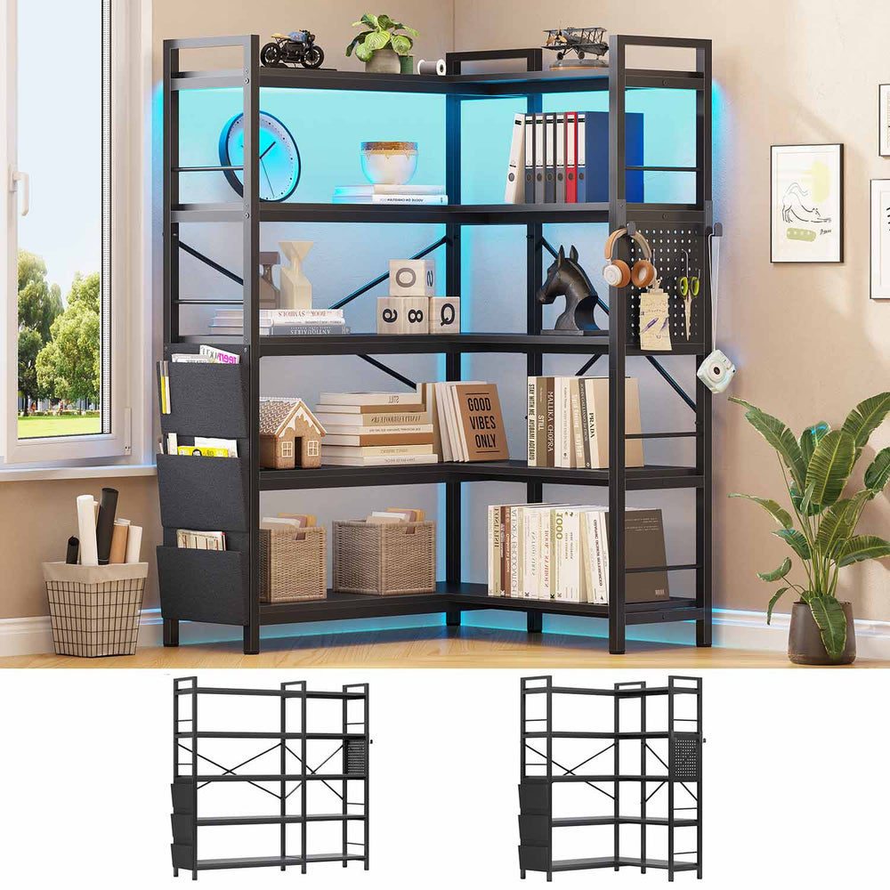 Sikaic Bookshelf 55 Inches Convertible Corner 5-Tier Tall Bookshelf with Pegboard Storage Bag & LED Light for Bedroom Black