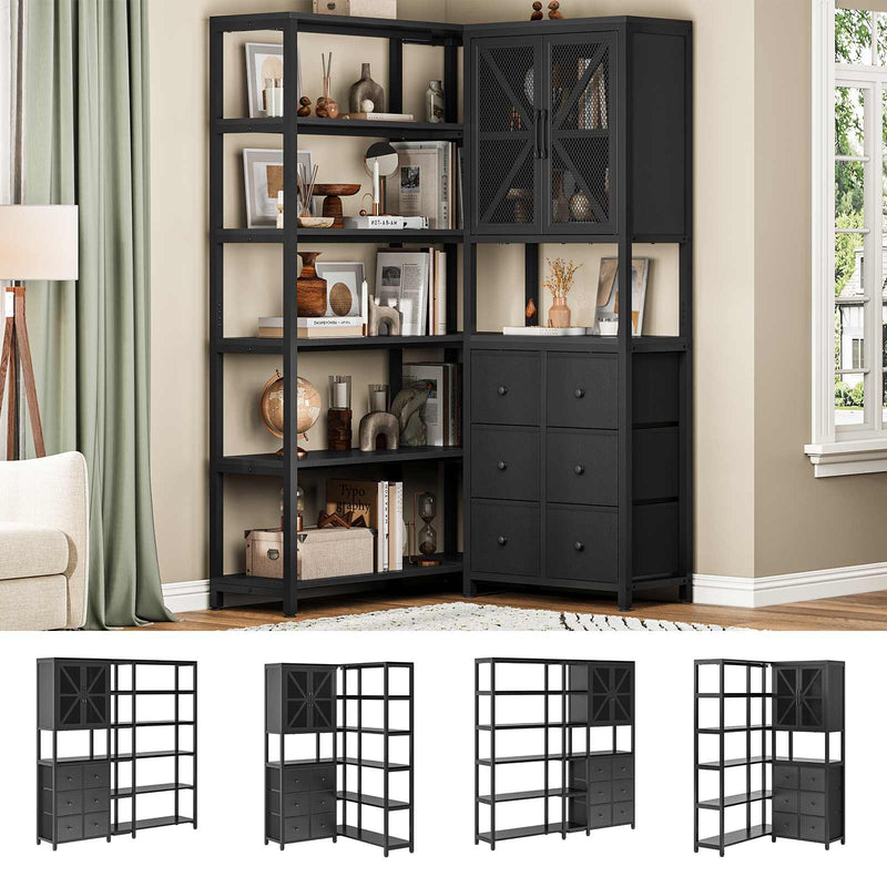 Sikaic Bookshelf 6 Tier Industrial Convertible L Shaped Corner Bookshelf with 6 Fabric Drawers Black Black / Engineered Wood / Modern