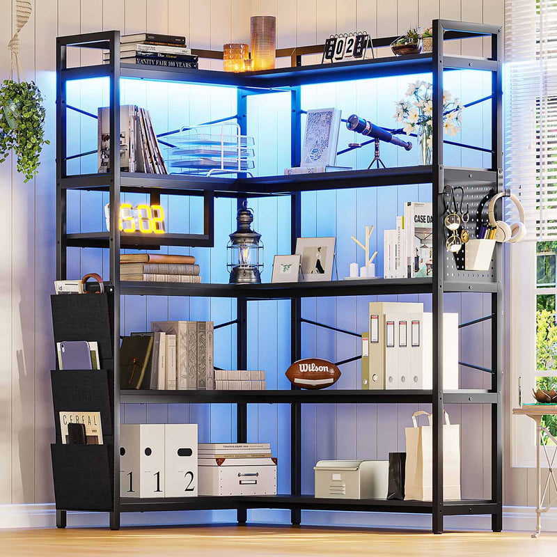 Sikaic Bookshelf Led 5-Tier Convertible Corner Bookshelf with Storage Pegboard Black