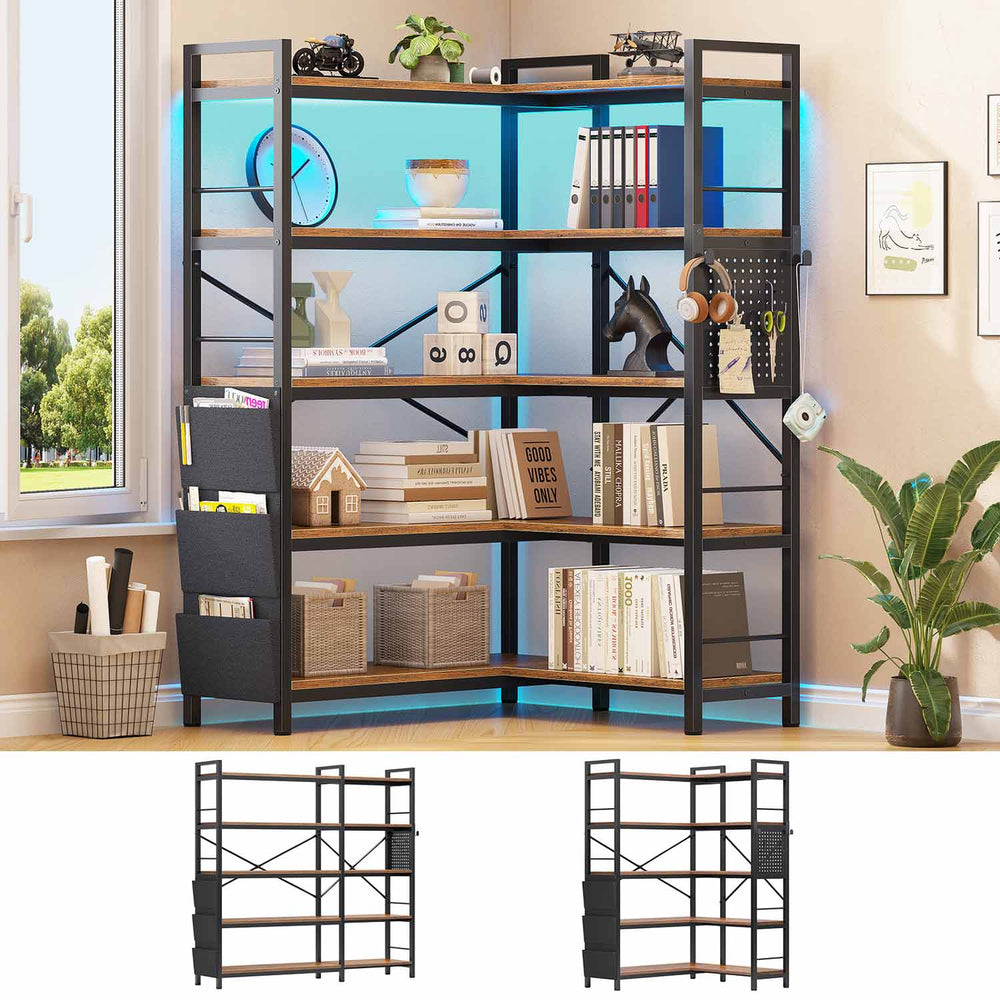 Sikaic Bookshelf 55 Inches Convertible Corner 5-Tier Tall Bookshelf with Pegboard Storage Bag & LED Light for Bedroom Brown