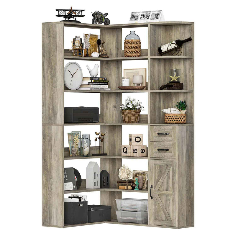 Sikaic Bookshelf 71 Inches L-Shaped Large Storage 7-Shelf Farmhouse Corner Bookshelf with Lockers & Drawers for Home Office Grey Grey / Engineered Wood / Modern